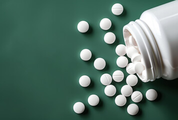 An overhead shot presenting white pills neatly arranged on a dark surface with a white container, symbolizing organized medical care