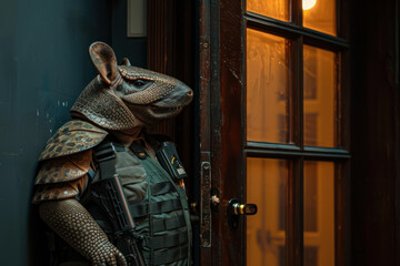 Armadillo in security guard attire, standing alert at a museum entrance, taking on the night shift to protect precious artifacts.