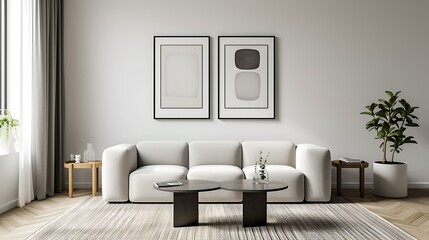 an AI-generated scene of a minimalist living room adorned with a symmetrical arrangement of black and white photography in chic mockup frames