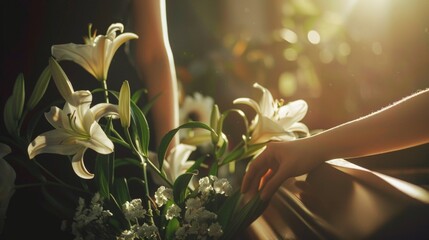Close-Up of Woman Holding White Lily Flowers Near Casket at Funeral Home - obrazy, fototapety, plakaty
