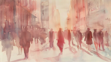A painting depicting a bustling city street with a diverse group of people walking in different directions. Scene captures energy, movement of urban life as individuals navigate. Banner. Copy space - obrazy, fototapety, plakaty