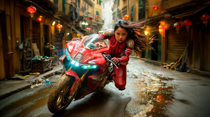 a young woman rides through an old town on a sports motorcycle