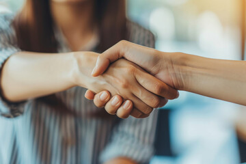 Close-up handshake between two unseen individuals symbolizes agreement, partnership, or trust in a professional or personal setting