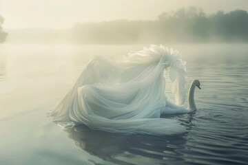 Swan in a flowing white chiffon dress, set against a serene lake scene, exuding sophistication and natural beauty. - obrazy, fototapety, plakaty