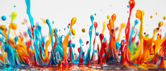 An image capturing the spontaneous dance of brightly colored paint splashes, emphasizing freedom and the unpredictability of art - obrazy, fototapety, plakaty