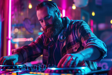 Obraz na płótnie Canvas Hipster DJ with beard mixing tracks on a turntable at a neon-lit club, energetic nightlife atmosphere, entertainment and music industry vibe