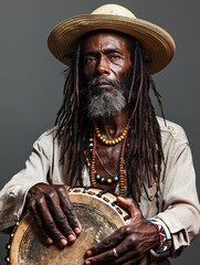 Studio portrait of a Rastafarian man with dreadlocks playing a Djembe drum, exuding cultural and...
