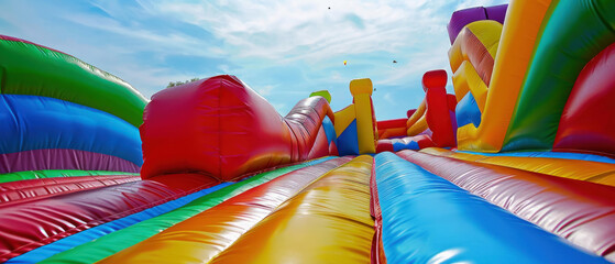 Fototapeta na wymiar Children's inflatable bounce house brightly colored, outdoor family fun, active play and joy for kids at a summer fair
