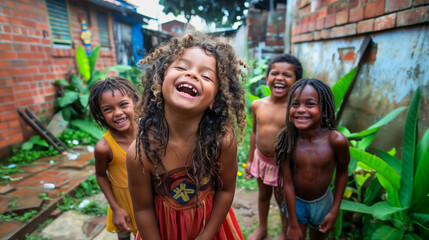 a group of African, laughing children play in the alley of a slum area