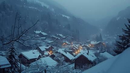 Snow-covered roofs in an alpine village, peaceful winter night, cozy holiday setting in a mountain retreat