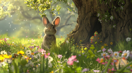 In a lush meadow dotted with wildflowers, an Easter bunny peers out from a hollow in an ancient oak tree, its ears perked up in anticipation. 

 - obrazy, fototapety, plakaty