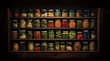 A collection of pickled vegetables in jars on illuminated shelves. Various pickles, stocked up for future use - obrazy, fototapety, plakaty