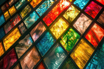 Vibrant stained glass textures, spectrum of light, artistic expression through colored panels