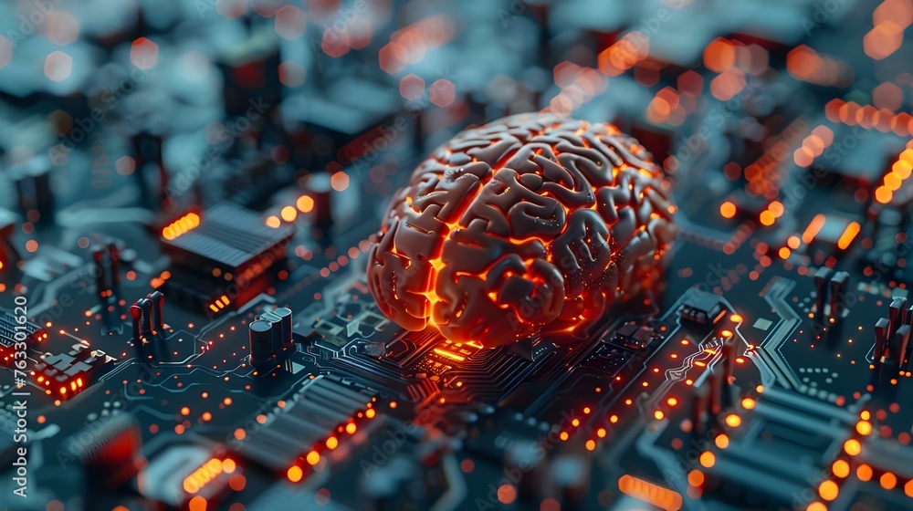 Poster symbolizing intelligent thinking and artificial intelligence: closeup of a human brain with a printe