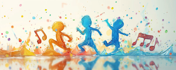 Colorful illustration of dancing happy children and notes flying around them. - obrazy, fototapety, plakaty
