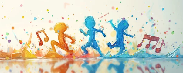Foto op Canvas Colorful illustration of dancing happy children and notes flying around them. © LeManna