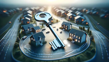 the key with houses background concept of real estate home ownership, property access, and real estate investment