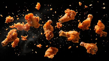 Fried Chicken Pieces Floating in Air - obrazy, fototapety, plakaty