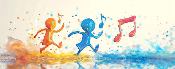 Colorful illustration of dancing happy children and notes flying around them. - obrazy, fototapety, plakaty