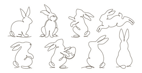Set of Easter bunny in single continuous one line style. Hand drawn cute silhouette rabbit vector illustration. Design for greeting card, label, poster