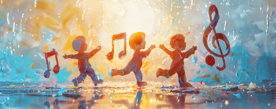 Colorful illustration of dancing happy children and notes flying around them.