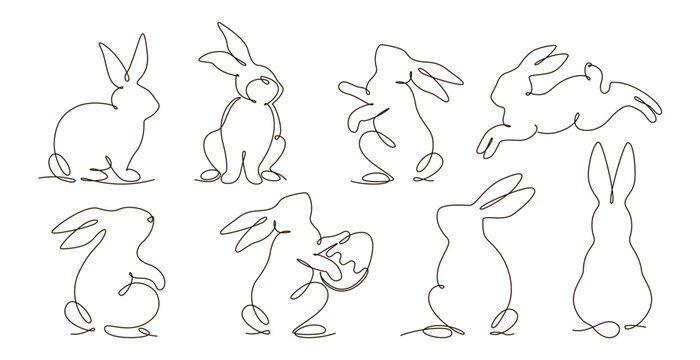 Set of Easter bunny in single continuous one line style. Hand drawn cute silhouette rabbit vector illustration. Design for greeting card, label, poster