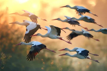 Fotobehang Flock of storks soaring in the sky, wildlife in motion, the grace and majesty of birds in their natural habitat © Gasi