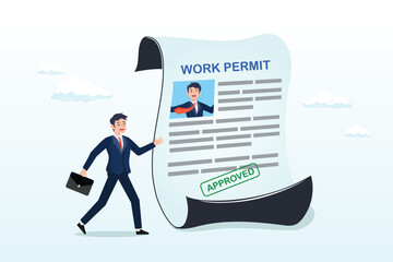 Businessman employee with approved work permit paper, work permit document approved, contract agreement authority, legal paperwork for employment with stamp signature, immigration permission (Vector) - obrazy, fototapety, plakaty