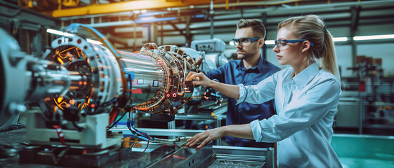 two engineers working on a futuristic turbine engine in a modern high-tech research facility.