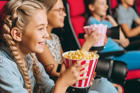 In the image, there are multiple people, some with braids and others with regular hair. They are sitting in theater chairs and holding popcorn