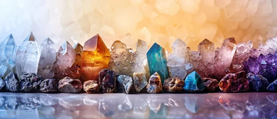 Poster Array of colorful healing crystals, mystical energy and alternative medicine, the allure of geodes and minerals © Gasi