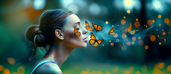 Portrait of a woman with butterflies flying in her breath