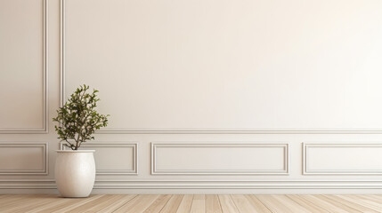 A white wall with a white vase with a plant in it. The room is empty and the plant is the only decoration - obrazy, fototapety, plakaty