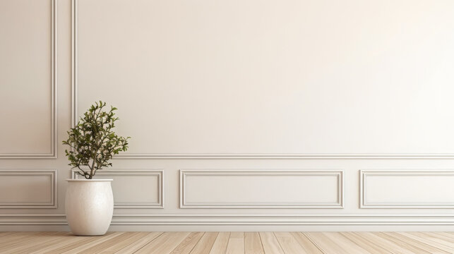 A white wall with a white vase with a plant in it. The room is empty and the plant is the only decoration