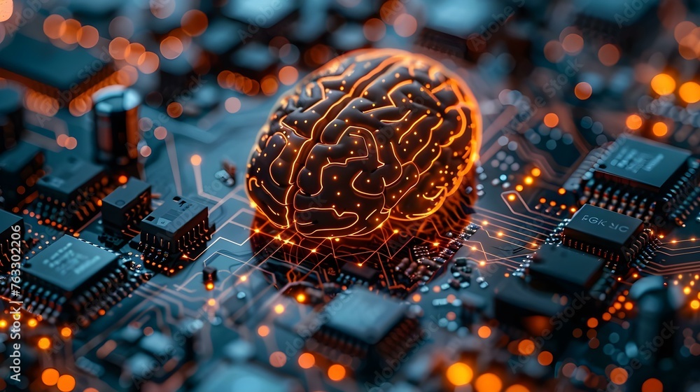 Poster closeup of a human brain with a printed circuit board design symbolizing intelligent thinking and ar