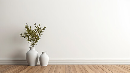 A white vase with a plant in it sits on a wooden floor. The vase is placed next to another vase, creating a sense of symmetry and balance in the room. The wooden floor adds warmth - obrazy, fototapety, plakaty