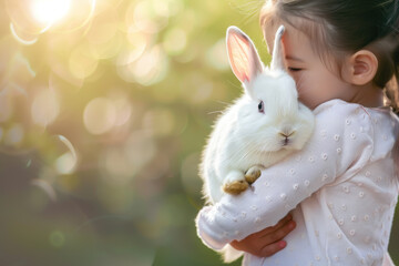 Child in springtime holding a rabbit, innocence and the festive joy of Easter, the tenderness of childhood interactions with animals