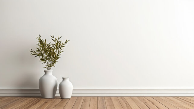 A white vase with a plant in it sits on a wooden floor. The vase is placed next to another vase, creating a sense of symmetry and balance in the room. The wooden floor adds warmth