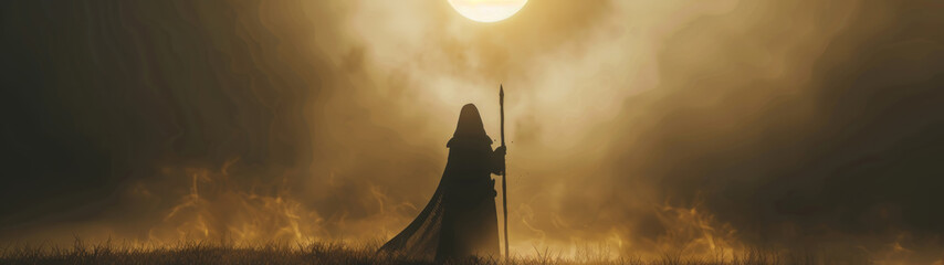 Sorcerer's Eclipse, A cloaked figure wielding a staff, casting spells under a solar eclipse, the raw power of magic and celestial events intertwining - obrazy, fototapety, plakaty