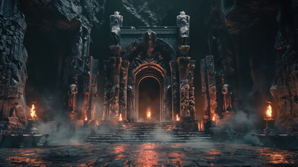 Abyssal Gates, The foreboding entrance to a demon's lair, adorned with monstrous statues and fiery torches, inviting the brave to enter the underworld - obrazy, fototapety, plakaty
