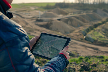 Engineer analyzing data on a digital tablet. Surveyor working with map in digital tablet. Generative AI
