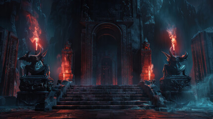 Abyssal Gates, The foreboding entrance to a demon's lair, adorned with monstrous statues and fiery torches, inviting the brave to enter the underworld