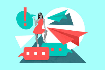 Creative collage young woman painted red dress communication concept correspondence flying paper...
