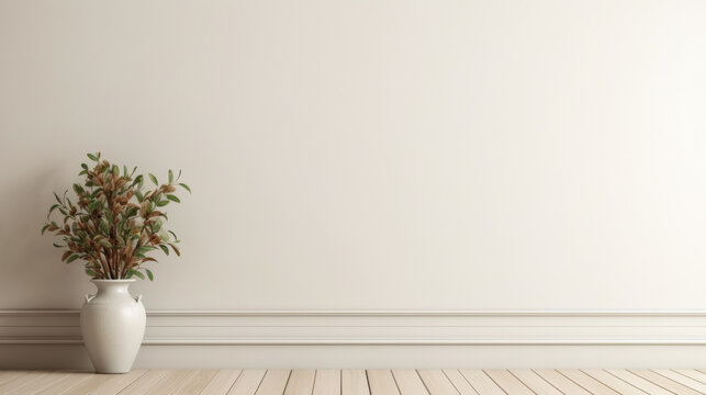 A white vase with dried flowers sits on a wooden floor in a room with a white wall. The vase is the only decoration in the room, giving it a simple and minimalistic feel