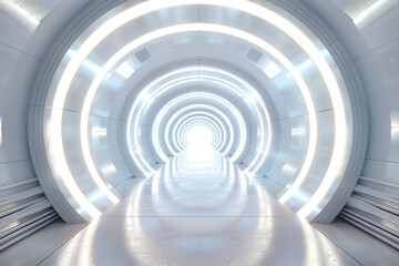 A long, white tunnel with a bright light shining down on it