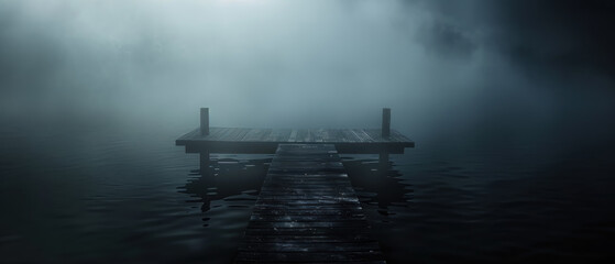 A wooden pier is shown in the dark with foggy water - obrazy, fototapety, plakaty