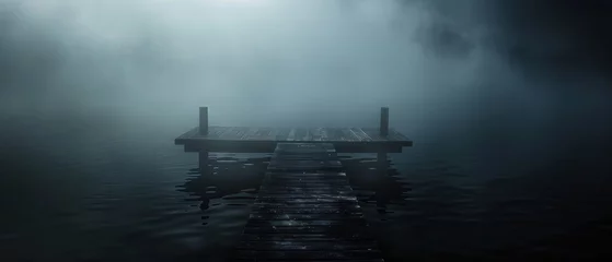Foto op Plexiglas A wooden pier is shown in the dark with foggy water © Gasi