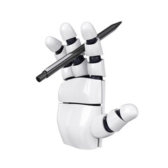 White bot hand shows black pen. Isolated AI or automated writing concept. 3d rendering