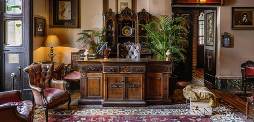 A small, welcoming lobby of a boutique hotel with antique furniture and a vintage desk