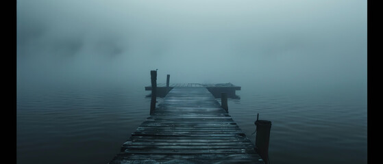 A foggy dock with a pier and a boat in the water - obrazy, fototapety, plakaty